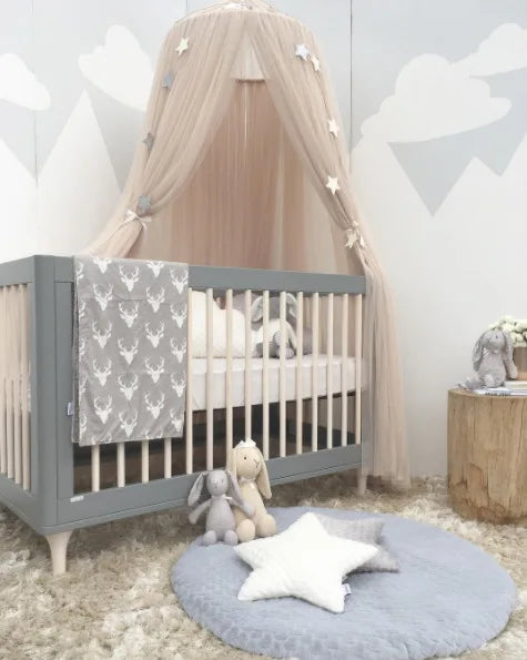 Kids Tulle Bed Canopy with Star Decoration - White, Beige, Pink, Grey, Blue & Purple