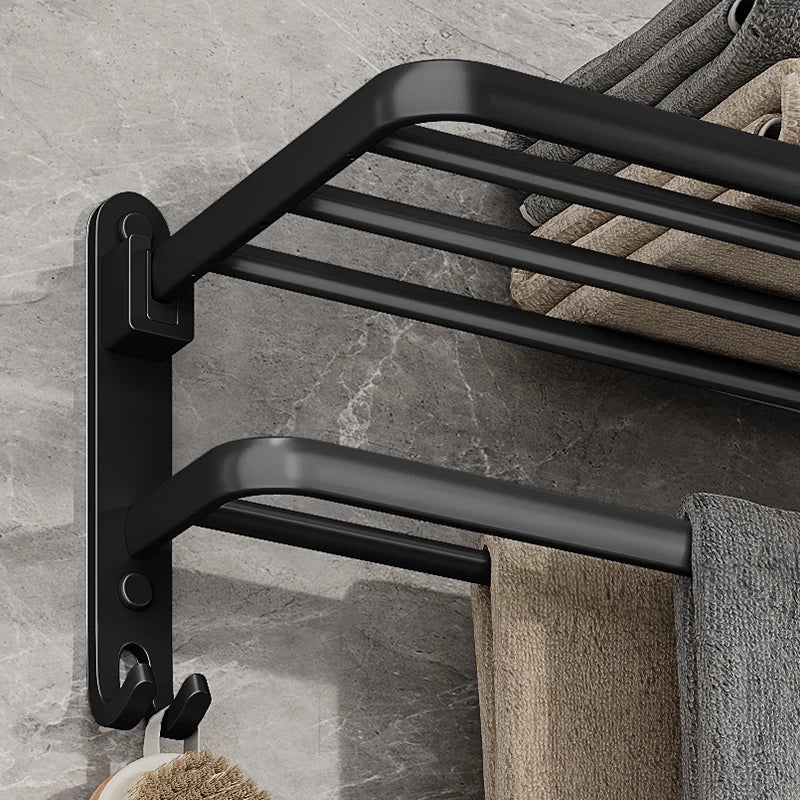 Matte Black 50CM Folding Towel Holder - Space-Saving Wall Mount Aluminum Rack