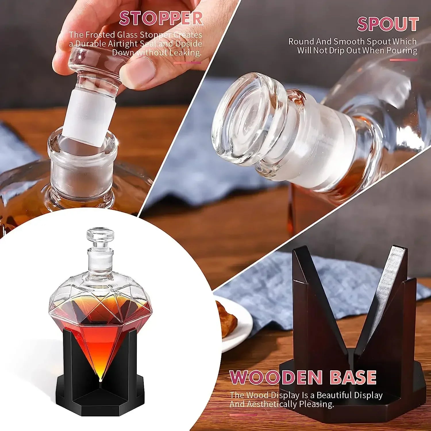 Carafe à Whisky - Diamant - Capacité 1000 ml - Support en Bois