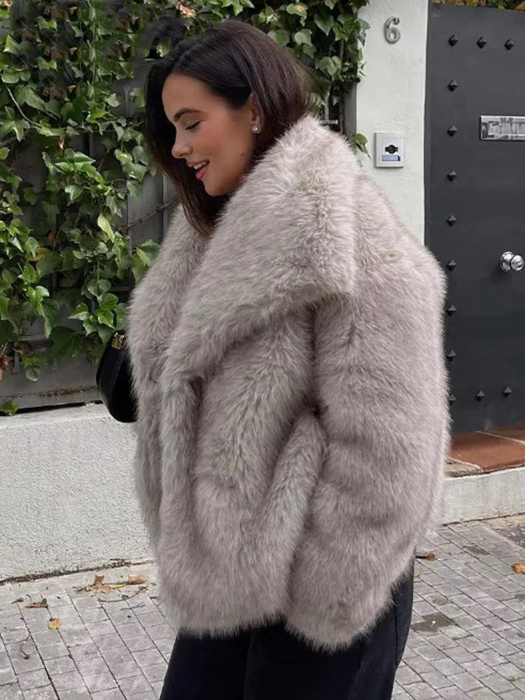 Veste à revers en fausse fourrure pour femme - Manteau court chaud surdimensionné chic