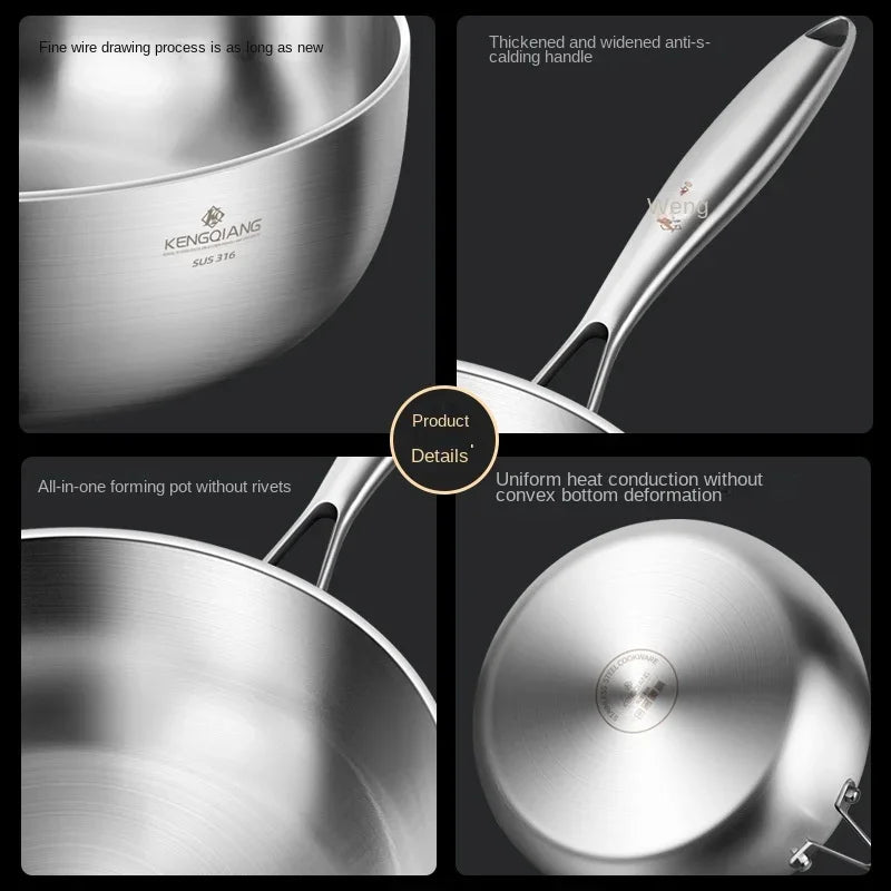 316 Stainless Steel Frying Pan – Deep Uncoated Frying Pan for Vegetables, Induction Cooker Compatible