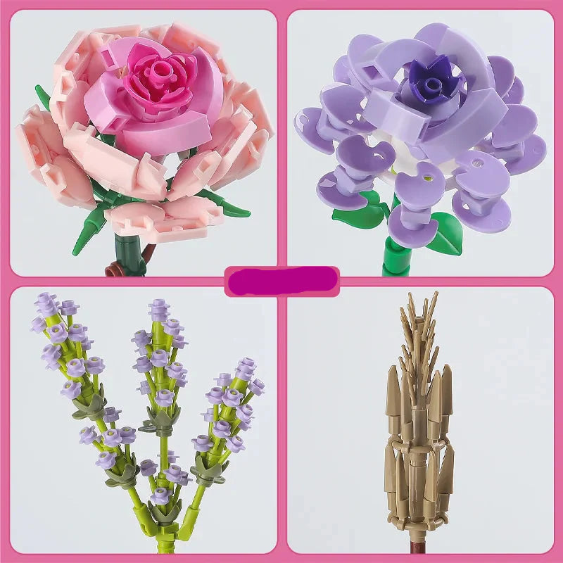 Saras Mini-Rosen-Lavendel-Blumen-Bausteinset – Kreative Wohnkultur & Geschenkidee