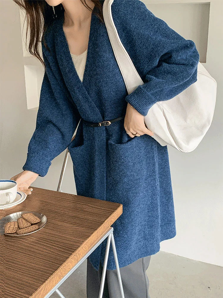 Cardigan confortable à col en V avec poches – Pull tricoté de couleur unie pour femme