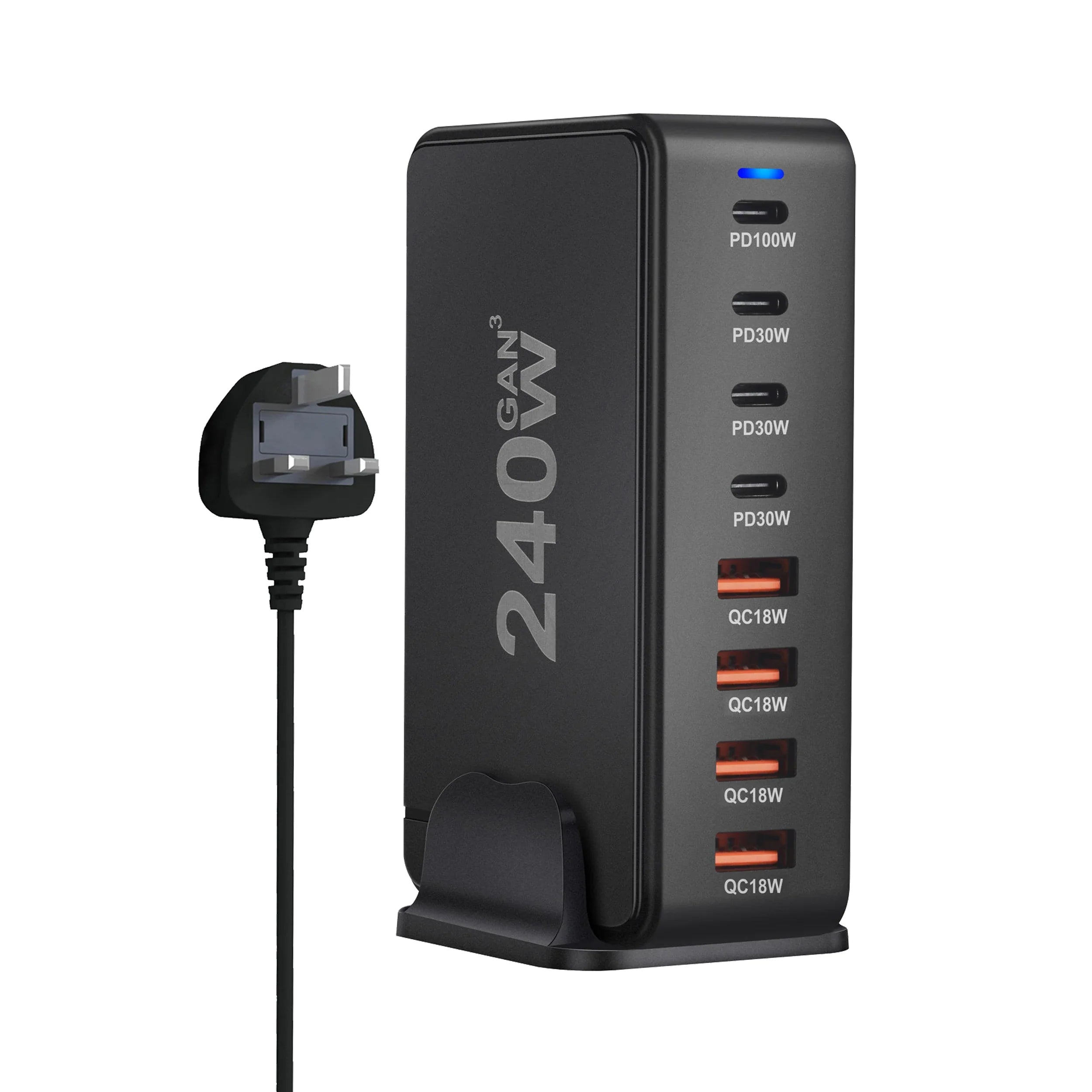 Chargeur GaN de bureau 240 W – Station de charge rapide 8 ports USB Type C PD Quick Charge 3.0 pour appareils mobiles, ordinateurs portables et plus encore