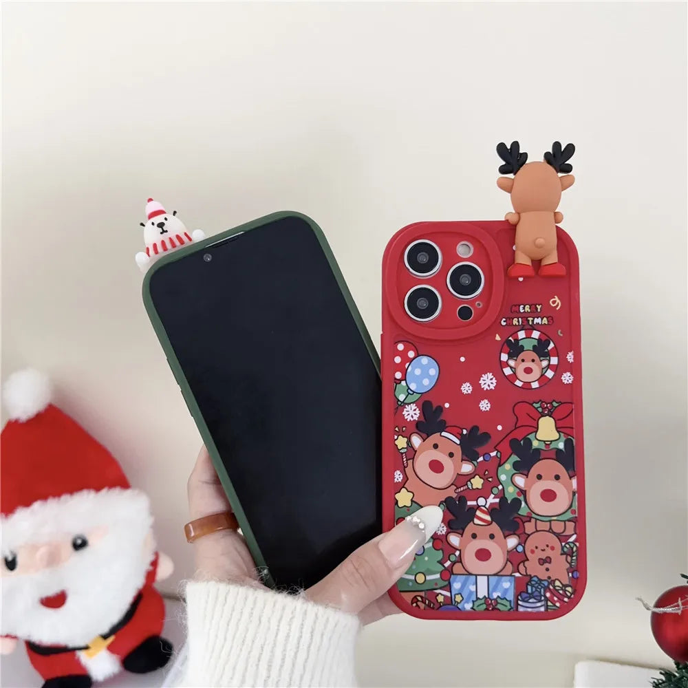 Funda navideña festiva de oso y reno 3D para iPhone - Funda de silicona suave