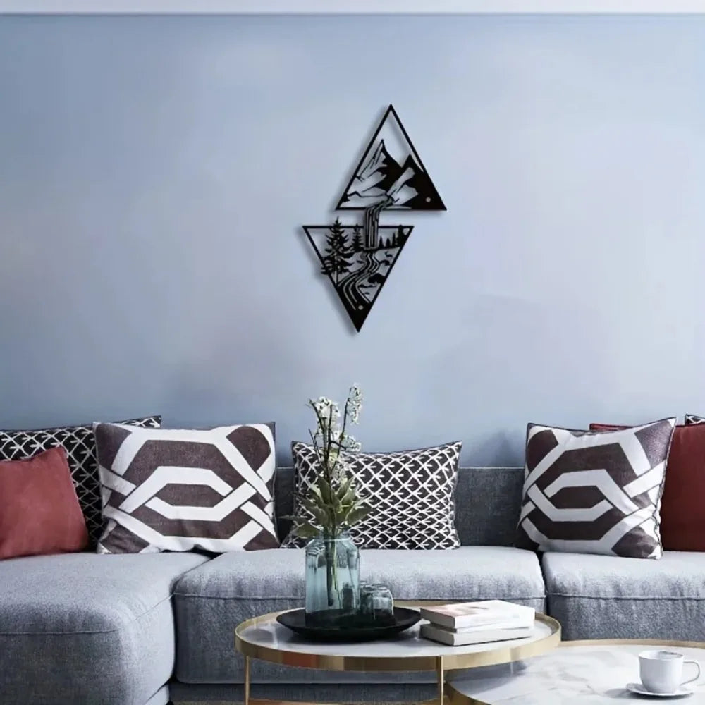 Decoração de Parede em Metal com Paisagem de Montanha