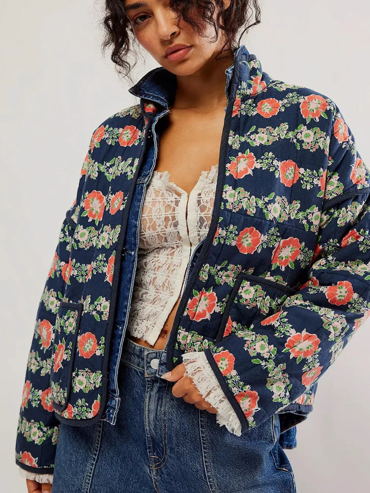 Winnie Floral Print Cropped Puffer Jacket – Trendy Lightweight Autumn/Winter Coat