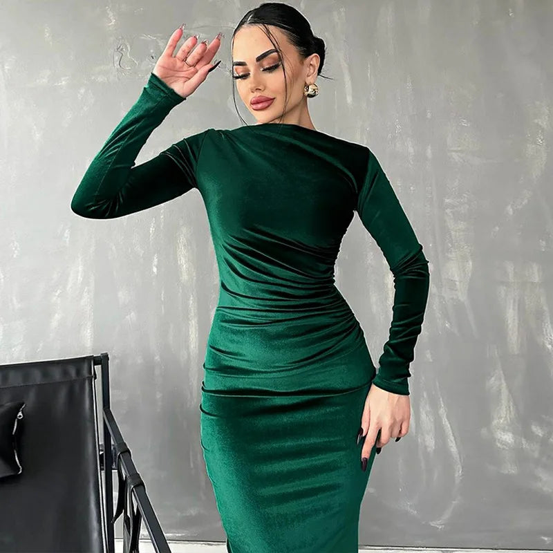 Dulzura Velvet Long Sleeve Midi Dress – Elegant Green Party Dress