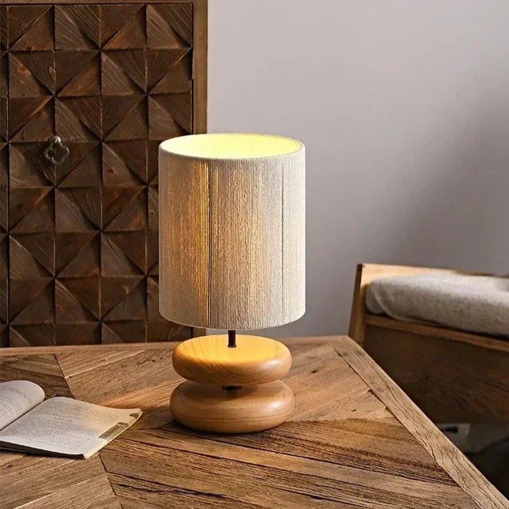 Lampada da tavolo da letto - Legno di noce - Paralume in tessuto