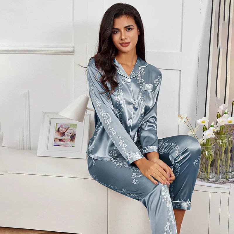 Elegant and cozy floral print satin pyjamas set