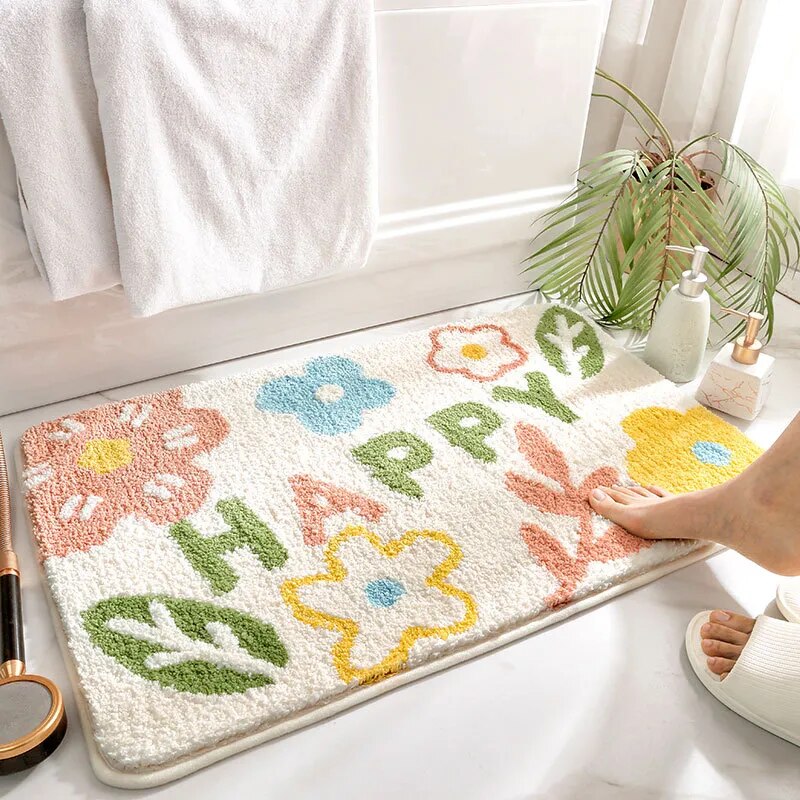 Green Leaves Flocking Bath Mat – Non-Slip, Absorbent Microfibre Bathroom Rug