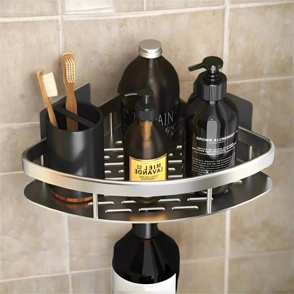 Estante de ducha de esquina de aluminio elegante - Organizador de baño y cocina sin taladrar