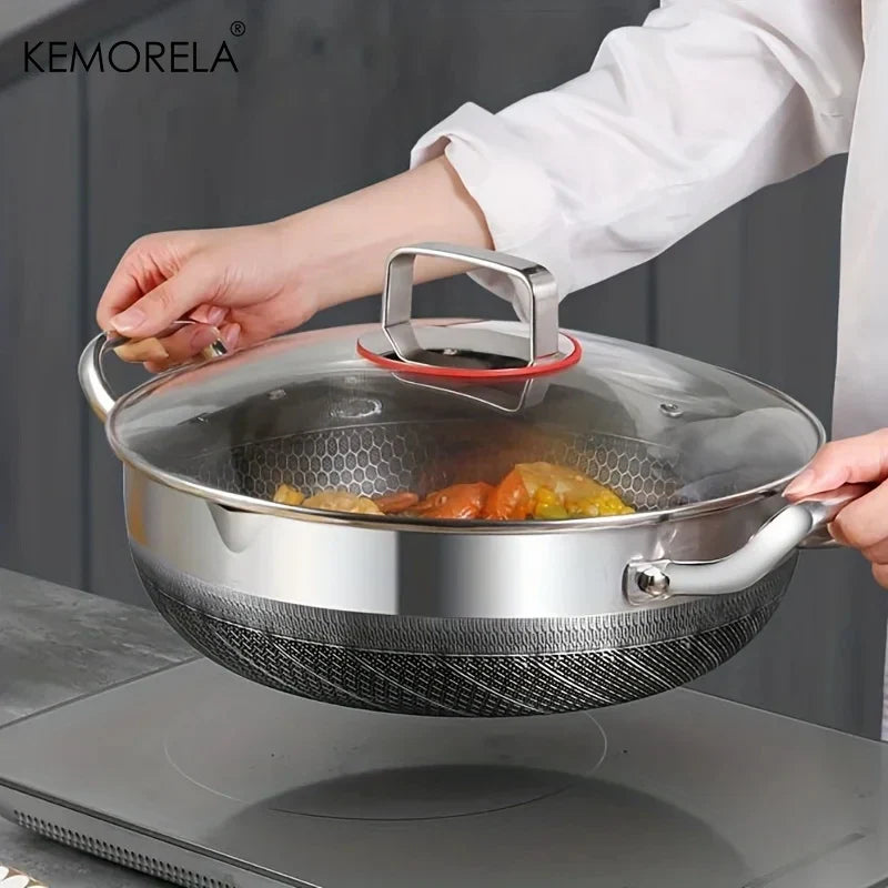 Rustfrit stål non-stick stegepande og suppegryde med honeycomb bund – 26/28/30 cm, glaslåg, induktion og gas kompatibel