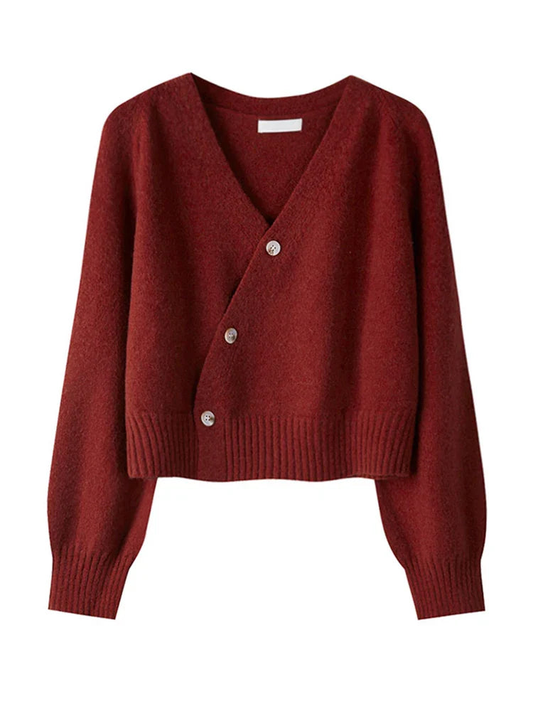 Cardigan à col en V avec boutons inclinés automne-hiver - Pull en cachemire tricoté pour femme