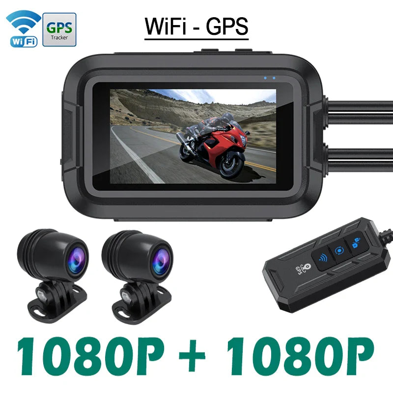 Cameră de bord pentru motocicletă Dual 1080P – Full HD WiFi GPS DVR rezistent la apă, Display IPS de 3", G-Sensor, Recorder video față și spate, Cutie neagră IP66