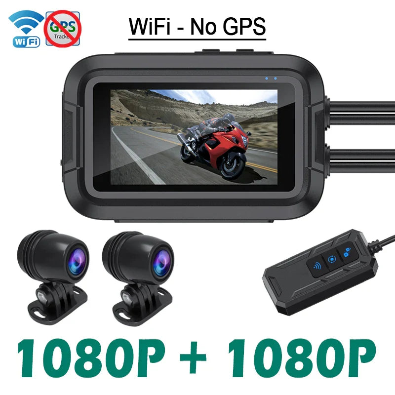 Cameră de bord pentru motocicletă Dual 1080P – Full HD WiFi GPS DVR rezistent la apă, Display IPS de 3", G-Sensor, Recorder video față și spate, Cutie neagră IP66