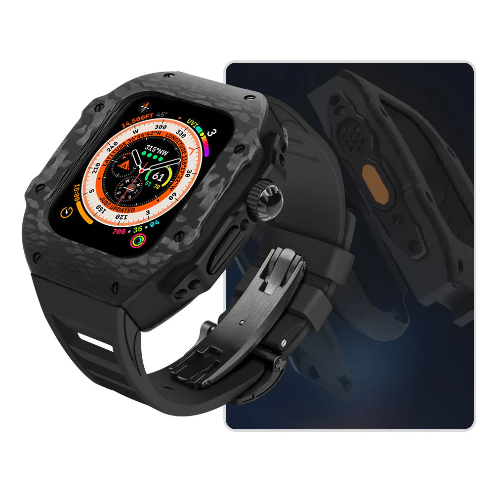 Kit de retrofit pentru Apple Watch cu bandă din fluororubber LUX8008, carcasă din oțel inoxidabil 316L și fibră de carbon.