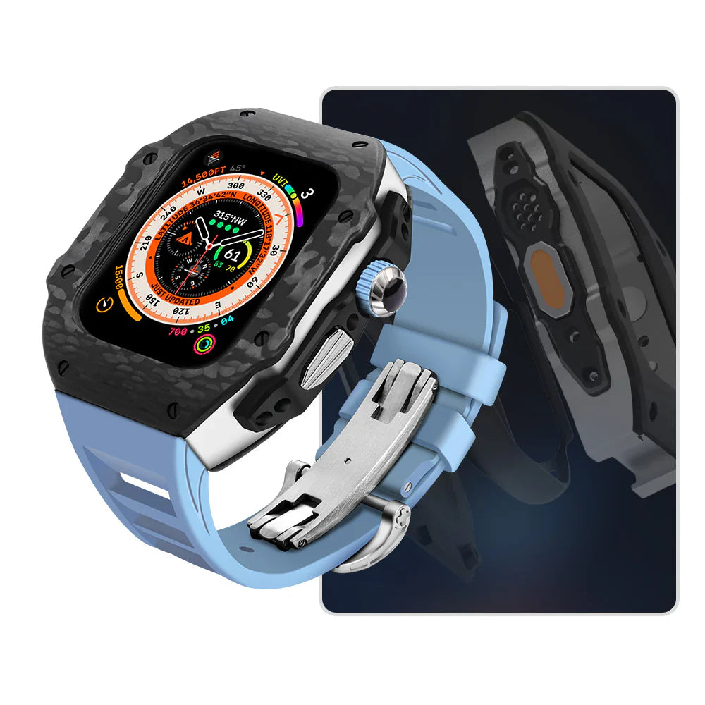 Kit de retrofit pentru Apple Watch cu bandă din fluororubber LUX8008, carcasă din oțel inoxidabil 316L și fibră de carbon.