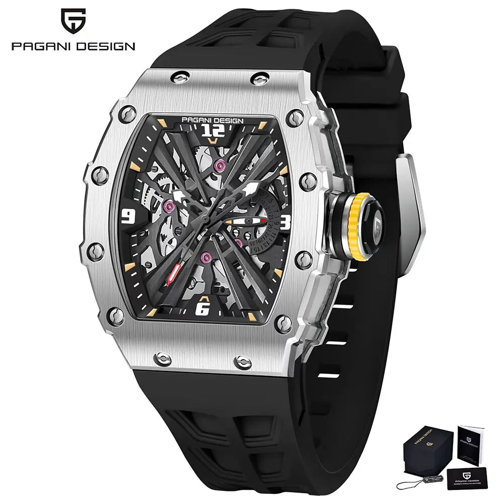 PAGANI DESIGN Men's Quartz Watch - VH65 Movement, Skeleton Dial, 100M Waterproof, Sapphire Glass, Sport Rectangle Watch