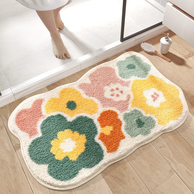 Alfombra de baño flocada de hojas verdes - Alfombra de baño de microfibra absorbente y antideslizante