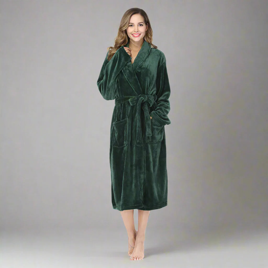 RONGTAI Women's Plush Fleece Bathrobe – Warm & Cozy Long-Sleeve Robe