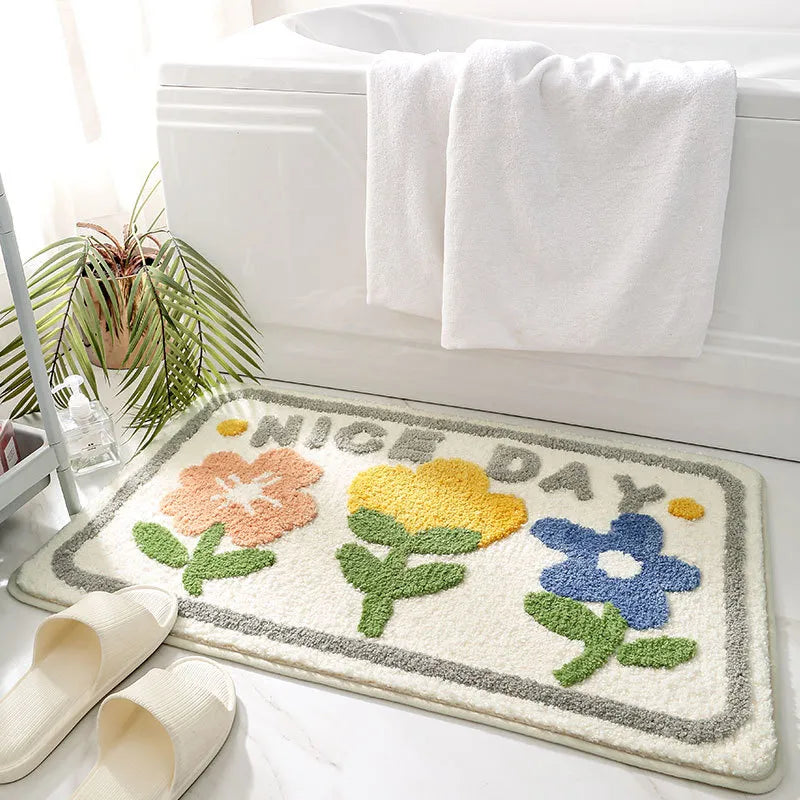 Green Leaves Flocking Bath Mat – Non-Slip, Absorbent Microfibre Bathroom Rug