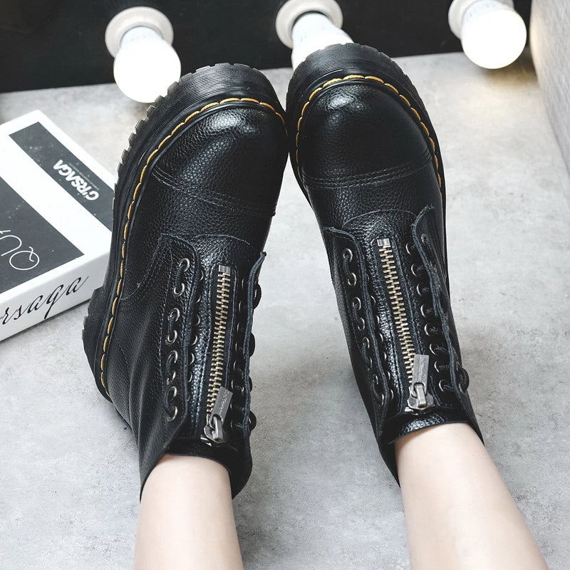 Women’s Genuine Leather Platform Boots – Motorcycle Shoes with Front Zipper & Optical Soles