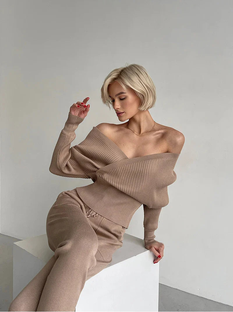 Sara Sexy Off Shoulder Strikket To-Delt Sett