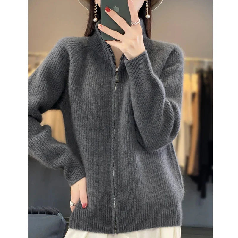 100% Pure Wool Zipper Cardigan/Genser for kvinner