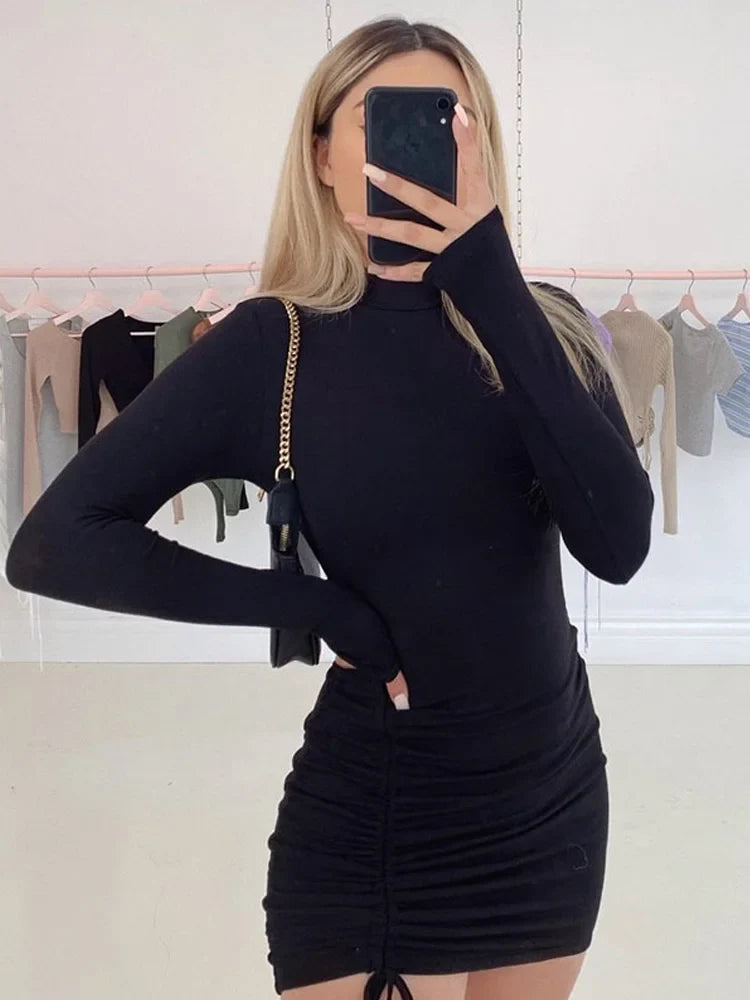 Sara Turtleneck Ruched Bodycon Mini Jurk