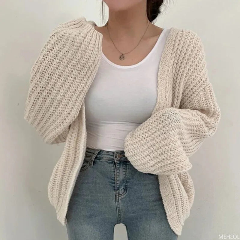 Cardigan tricoté de couleur unie d'automne - Pull à simple boutonnage pour femme