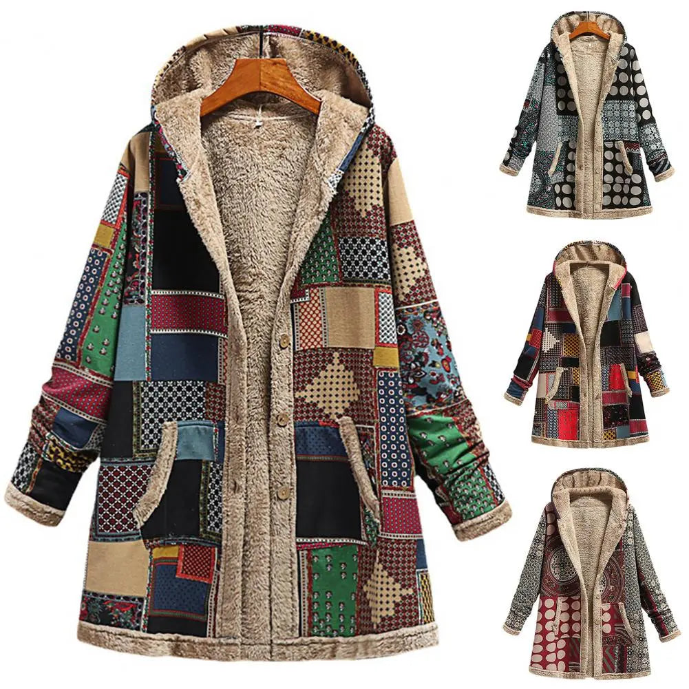 Aria Vintage Winter Coat - Jachetă din fleece călduroasă cu glugă și buzunare