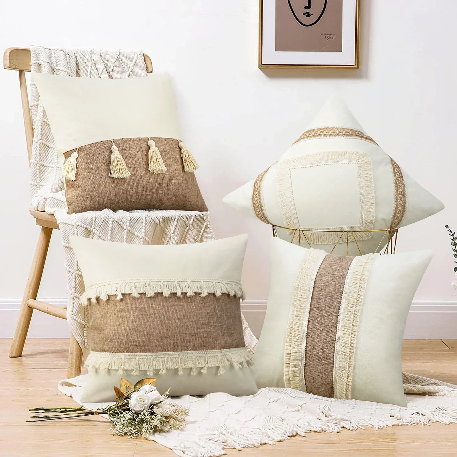 GeoBoho - Housse de coussin beige à motif géométrique | décoration