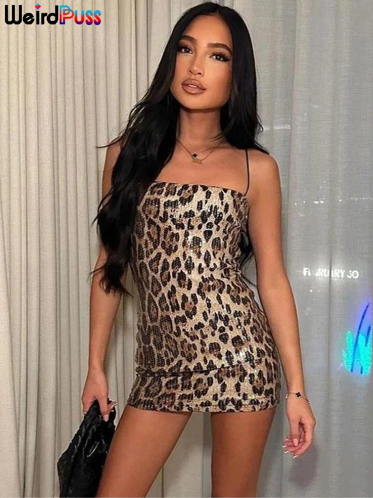 Sara Leopard Print Sequin Bodycon Kjole – Sexet Sommer Fest Clubtøj