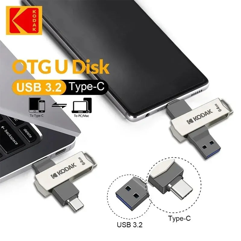 KODAK USB 3.2 Type-C Flash Drive | 32GB, 128GB, 256GB | High-Speed Dual Memory Stick for Smartphone & Laptop