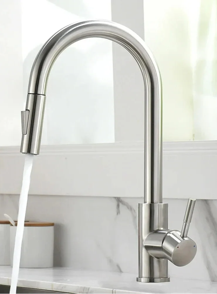 Caden Silver Kitchen Sink Faucet – Pull-Out Single Handle Basin Tap with Ceramic Valve