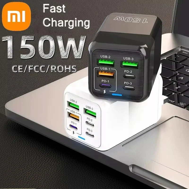 Xiaomi 150W Szuper Gyors Töltő Adapter – 6-Portos PD Type C & QC 3.0 Gyors Töltés iPhone, Samsung, PC és Mások Számára (10A Ultra Magas Sebesség)