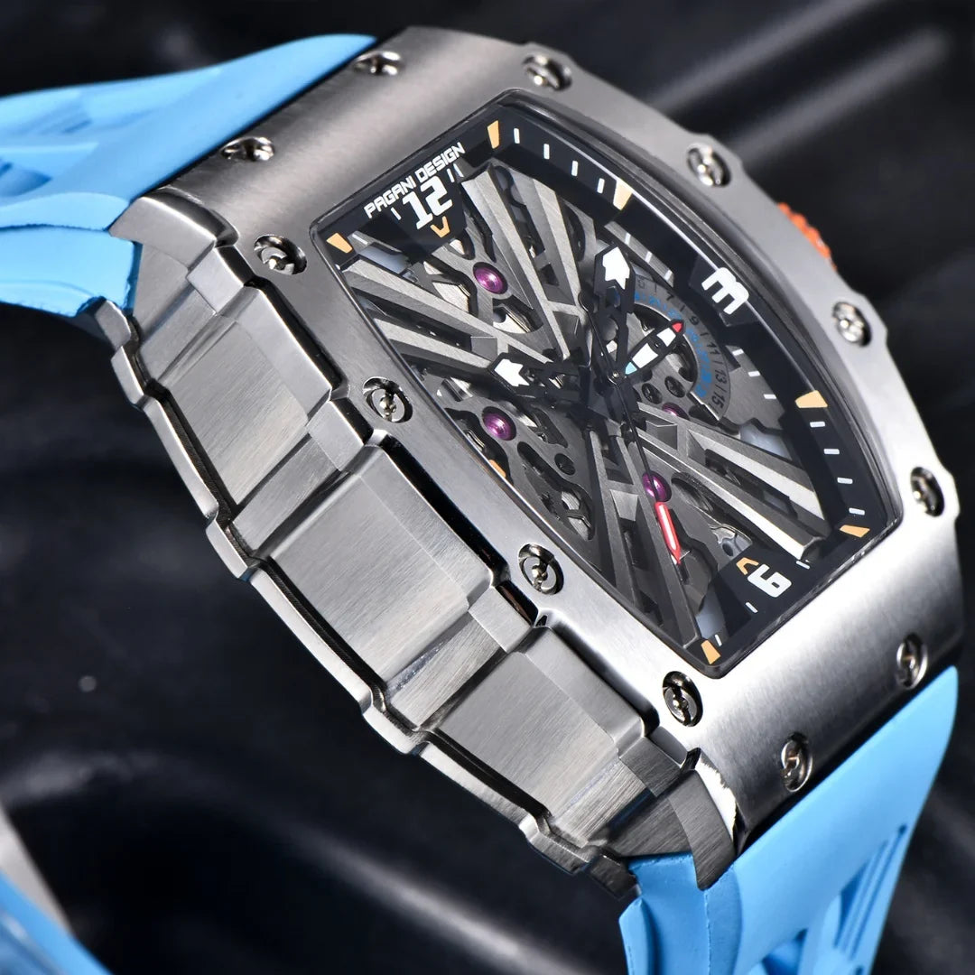 PAGANI DESIGN Men's Quartz Watch - VH65 Movement, Skeleton Dial, 100M Waterproof, Sapphire Glass, Sport Rectangle Watch