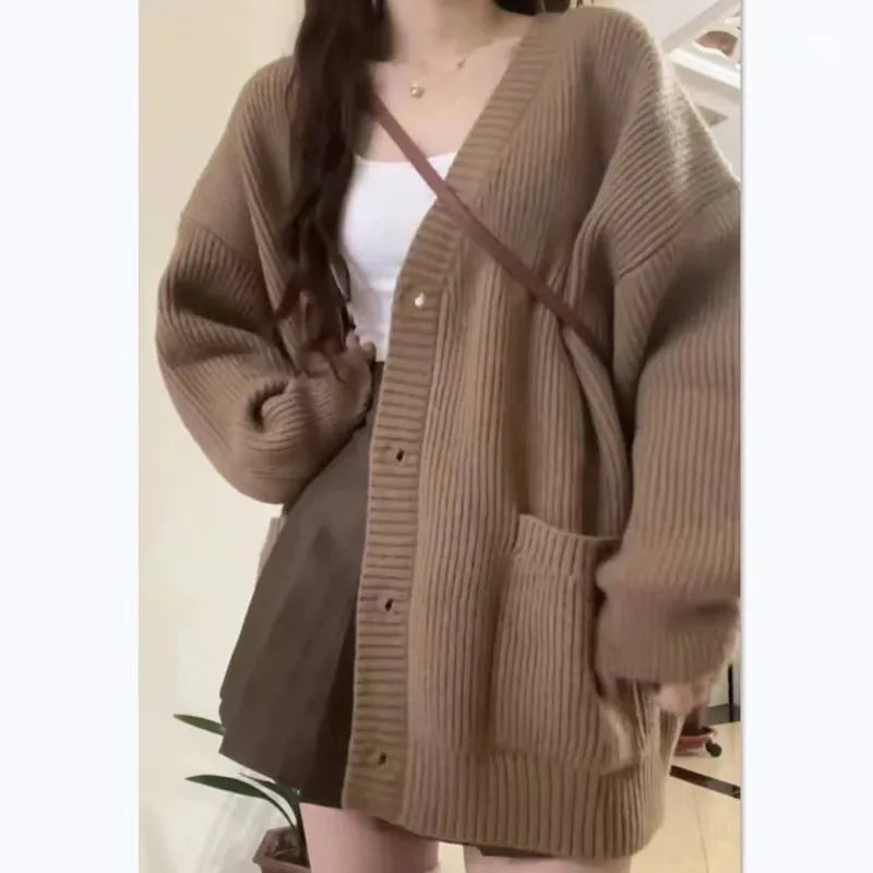 Autumn Winter Women’s V-Neck Cardigan Sweater Coats - Casual Loose Knitted Sweater