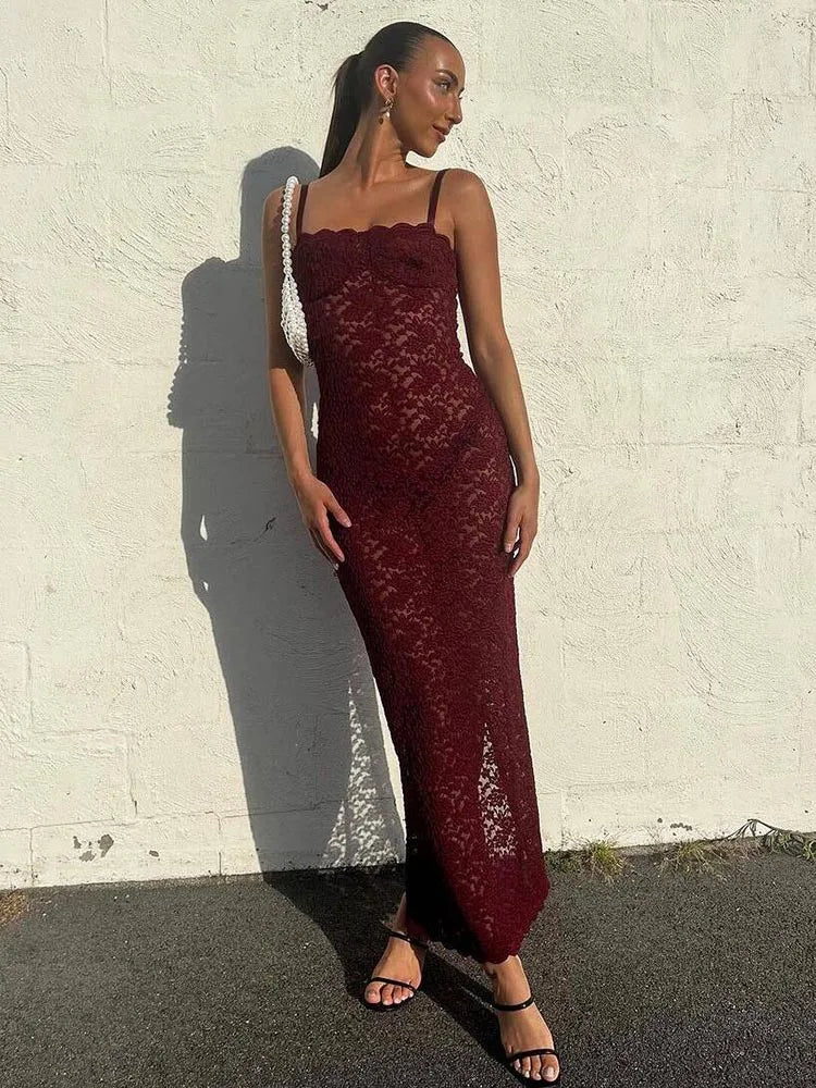 Vestido Maxi Transparente de Renda Elegante - Vestido Bodycon Sexy com Alças Finas para Casamento e Festa