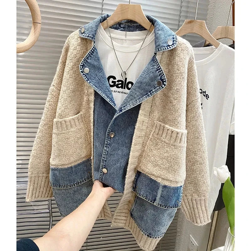 Zandy's Trendy Spliced Denim Jacket | Women's Cozy Autumn & Winter Jean Cardigan