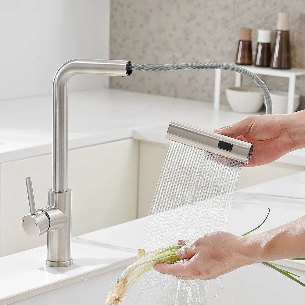 Modello di lusso con rubinetto da cucina rimovibile in acciaio inossidabile a cascata multifunzionale