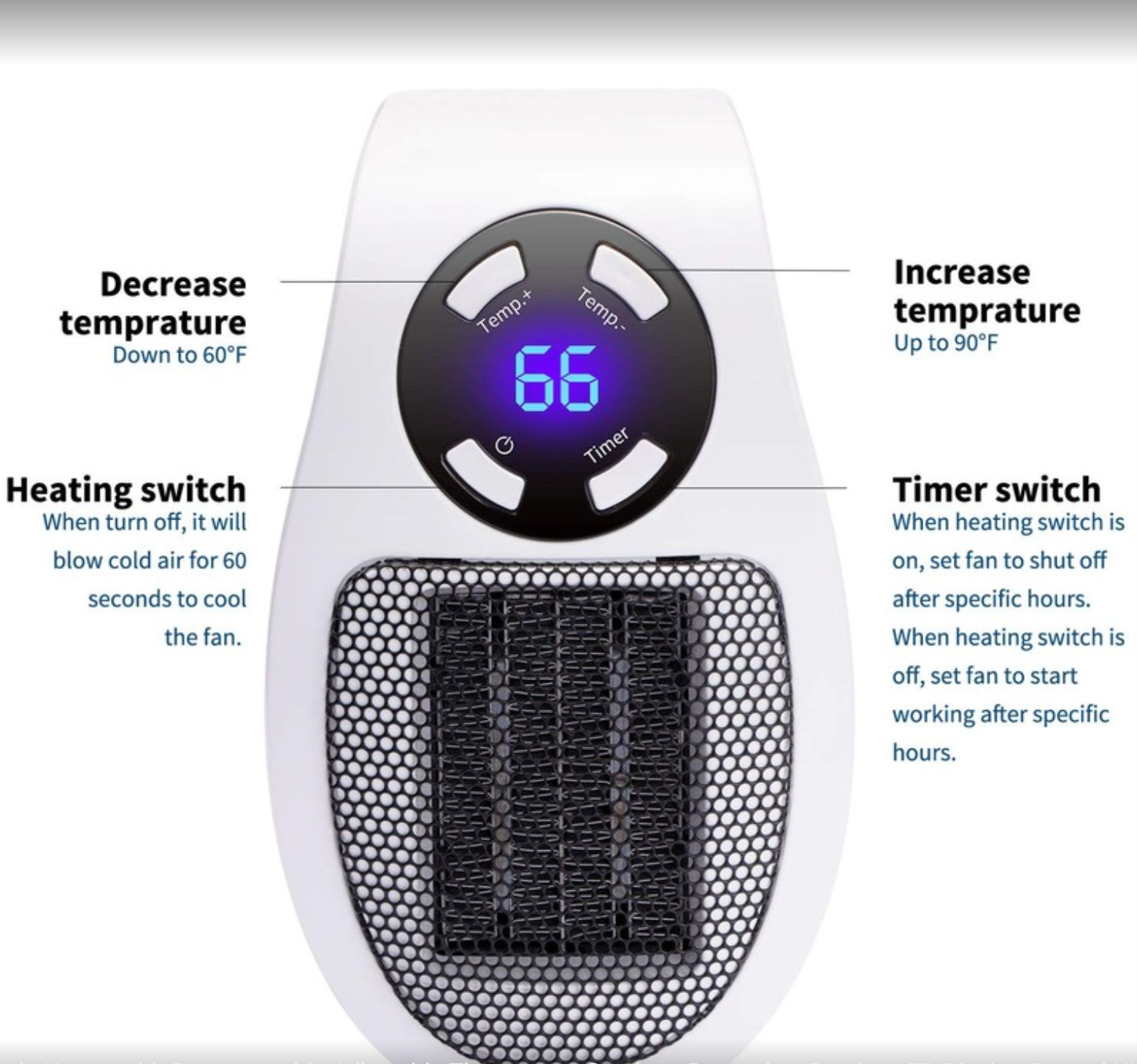 Calentador de ventilador eléctrico portátil con control remoto