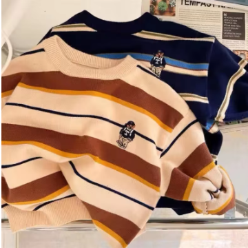 Adorabile maglione per bambini con stampa di orsi - Comodo pullover a righe per ragazzi e ragazze, autunno e inverno