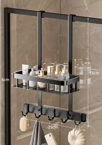 Ava No-Drill Shower Caddy | Sleek Glass Door Storage & Towel Rack