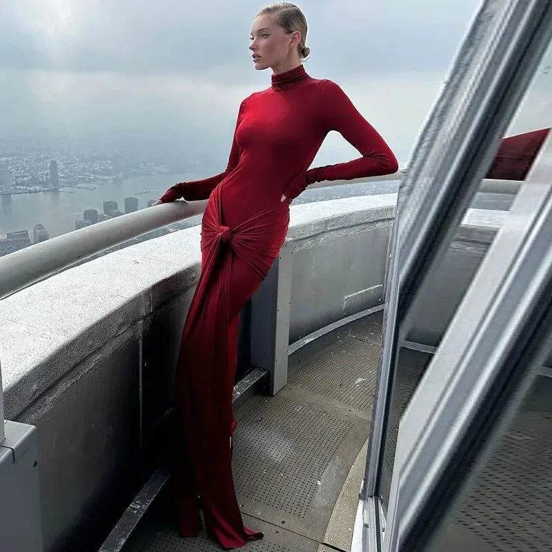 Dulzura Elegante Rote Langarm Bodycon Kleid 2024