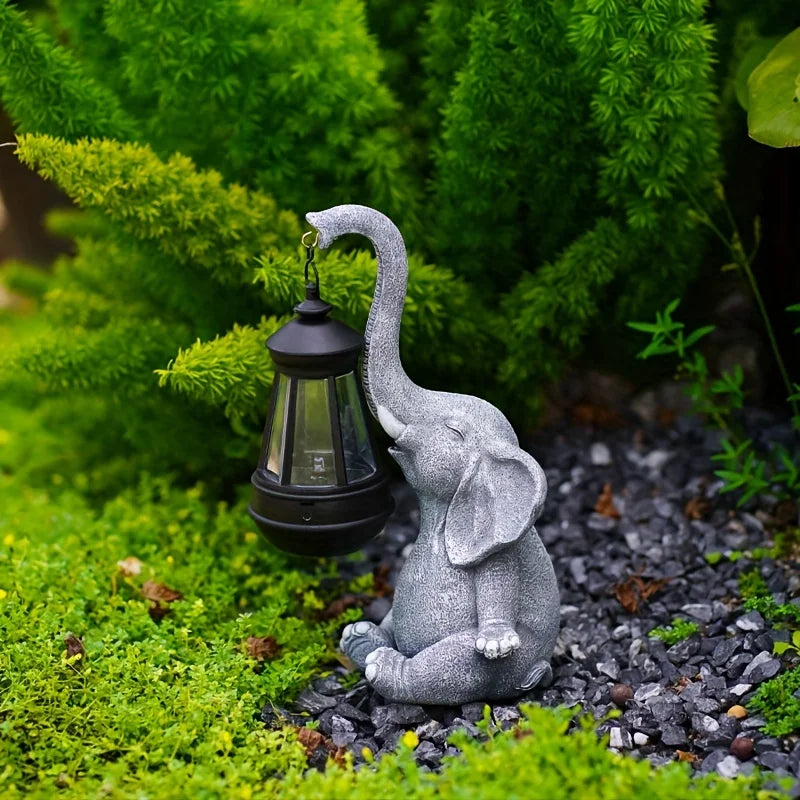 Olifant met zonne-lantaarn tuinbeeldornament