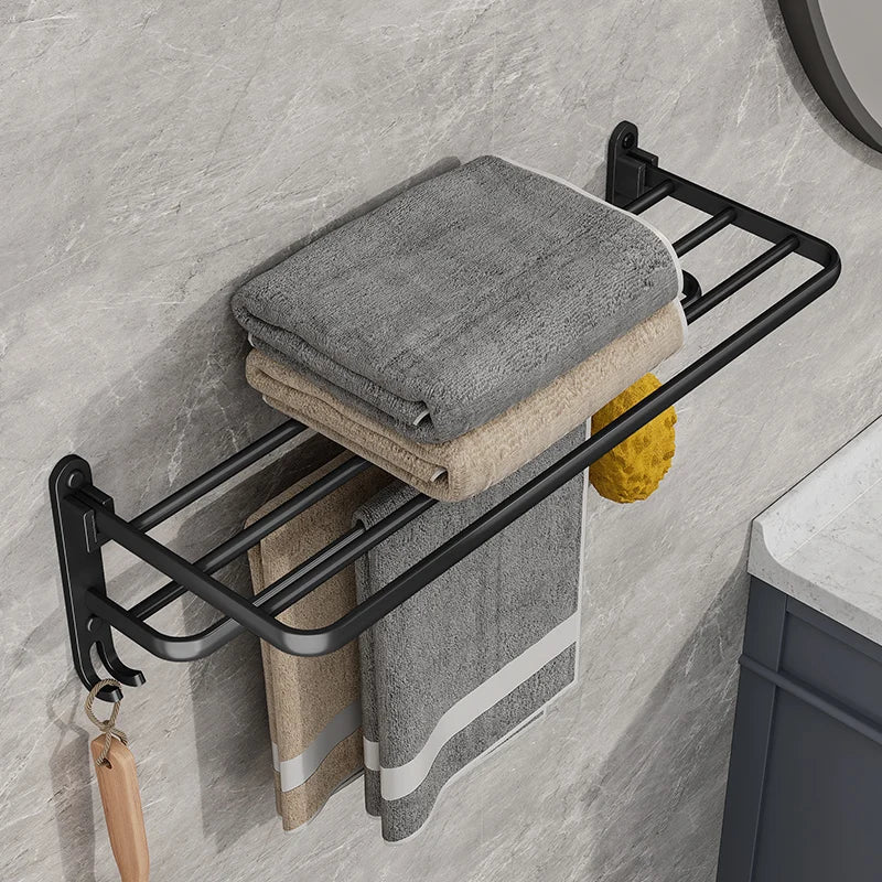 Matte Black 50CM Folding Towel Holder - Space-Saving Wall Mount Aluminum Rack