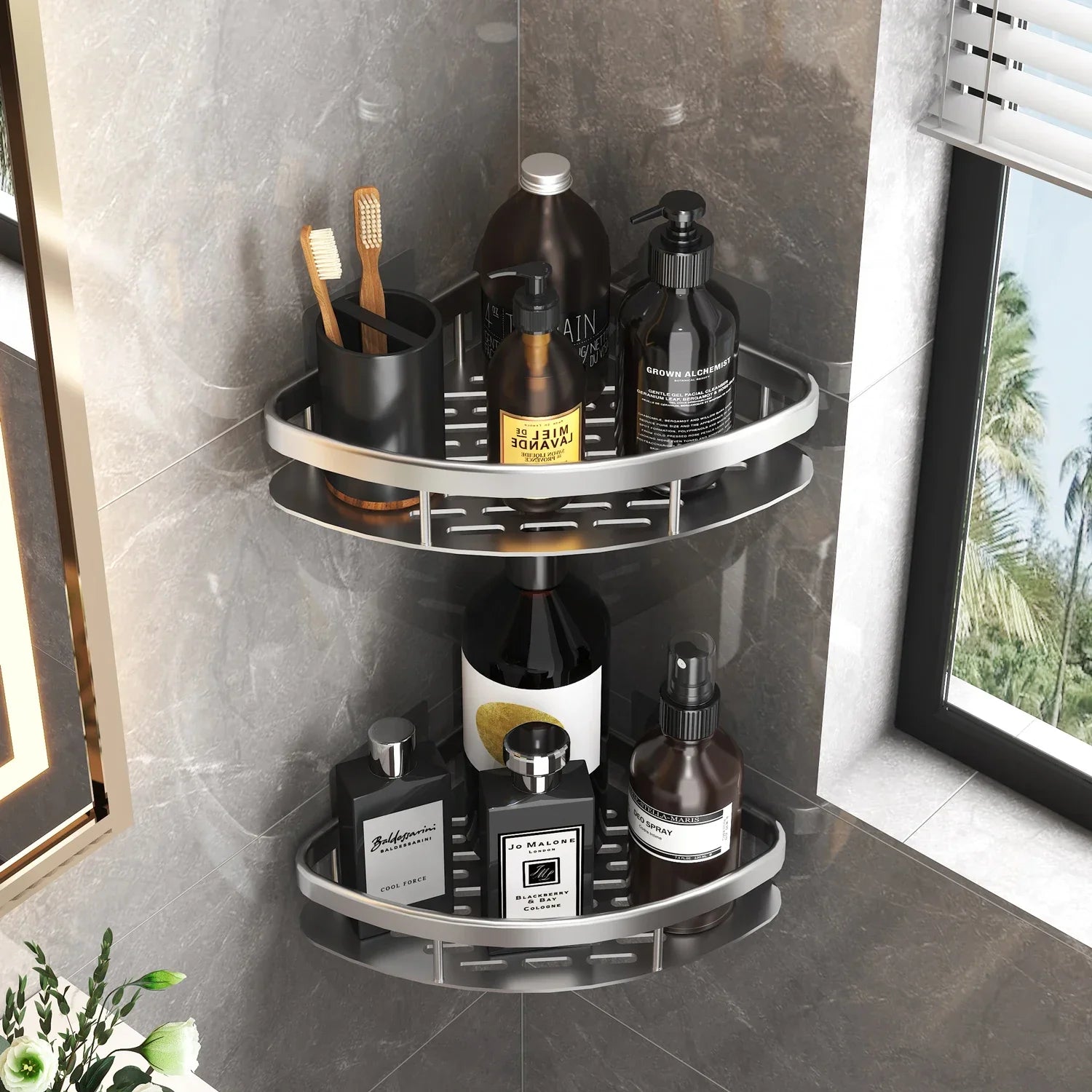 Sleek Aluminum Corner Shower Shelf - No-Drill Bathroom & Kitchen Organizer