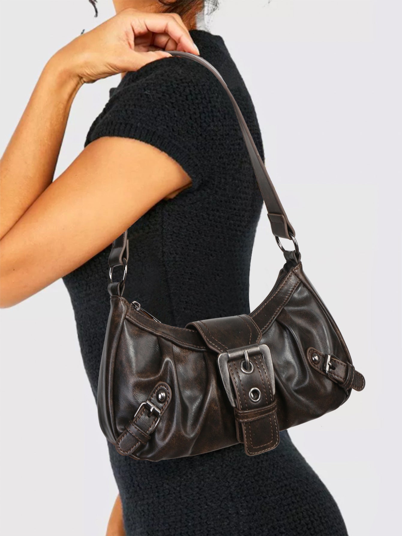 Cora Distressed Faux-Leather Buckle Hobo Bag